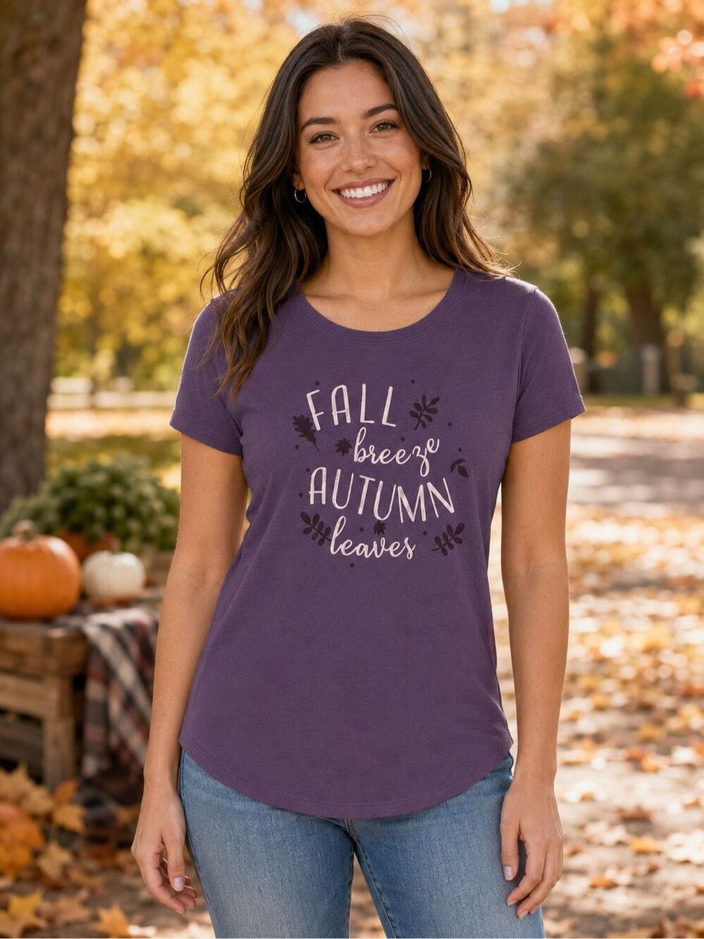 Sonoma Women’s Medium Purple Fall Breeze Autumn Leaves Graphic T-Shirt